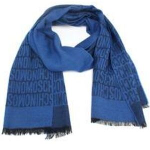 SOLD Moschino Logo-print  with Fringe Scarf In  Blue 100% Wool Made In Italy